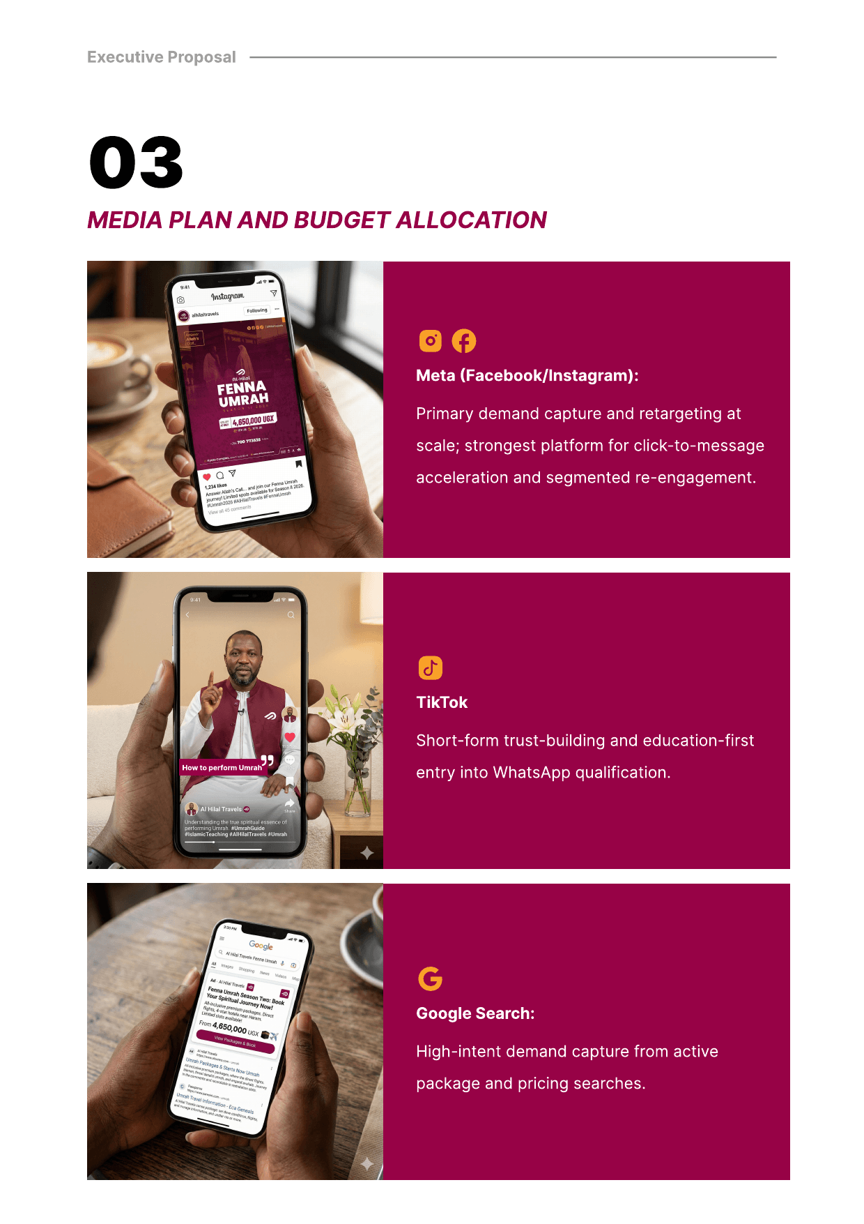 Fenna campaign media plan layouts shown on a proposal page